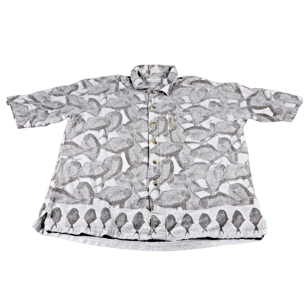 Columbia Shirt Mens L Gray Graphic Fish Print Button Up Short Sleeve Cotton
